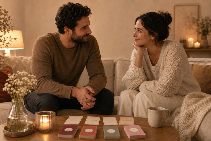 Pareja conversando en el sofá